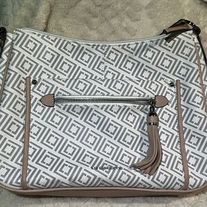 Liz Claiborne Gray and Tan Shoulder Bag with Leather Accents